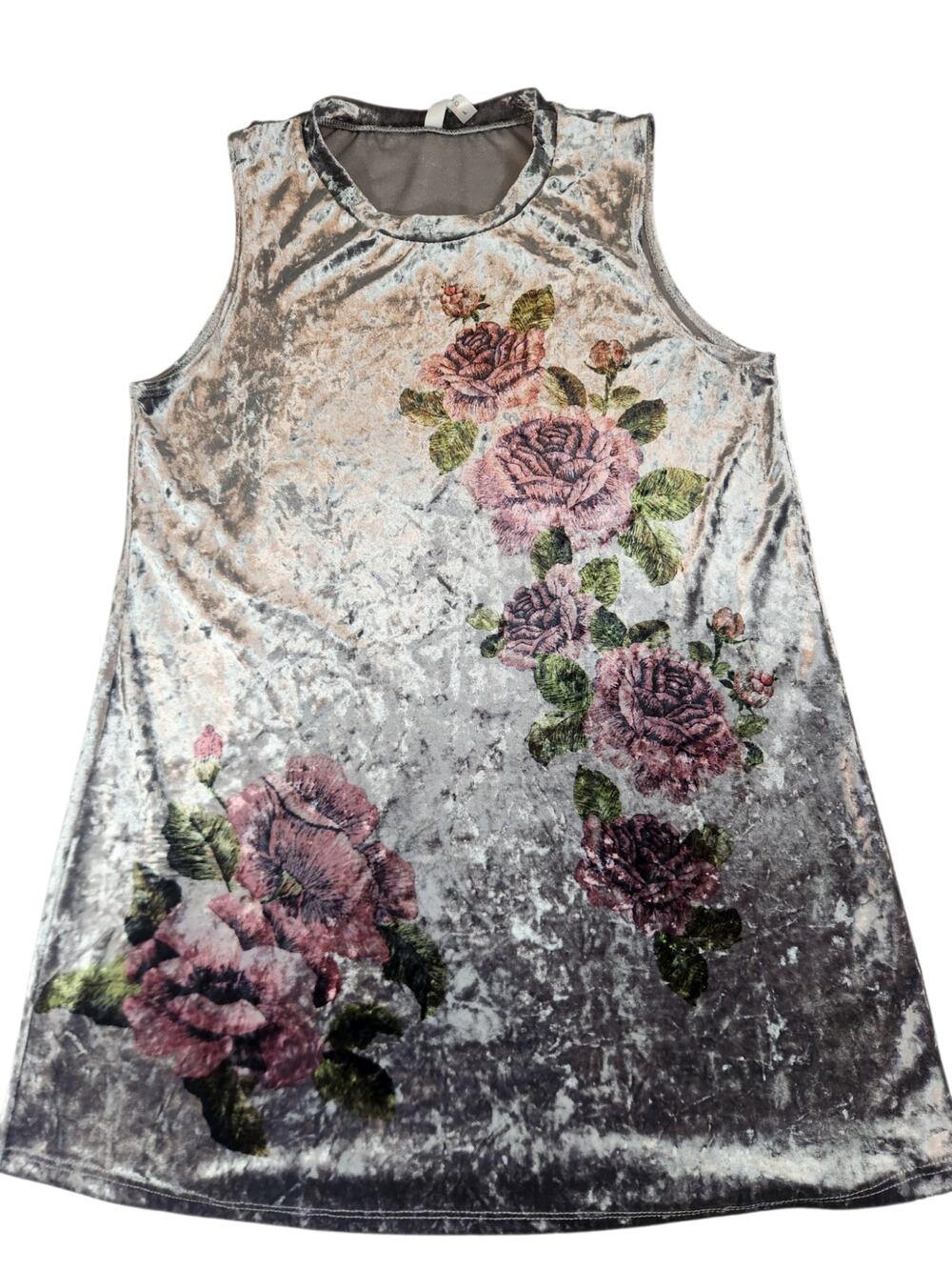 Acting Pro Velvet Sleeveless tank top Size L Gray Pink Roses made in USA